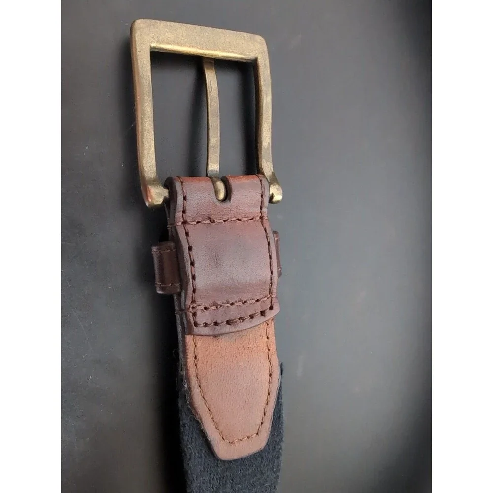 VINTAGE L.L.BEAN Navy Web Belt Sz 30 Brown Leather Solid Brass Buckle Made USA